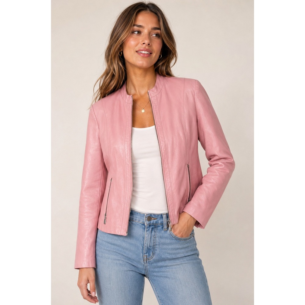 Saguaro Pink Leather Cafe Moto Jacket Womens Medium Full Zip Mandarin Collar
